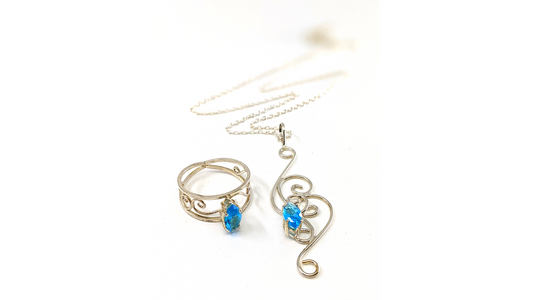 Blue Gem Scroll Pendant and Ring Set