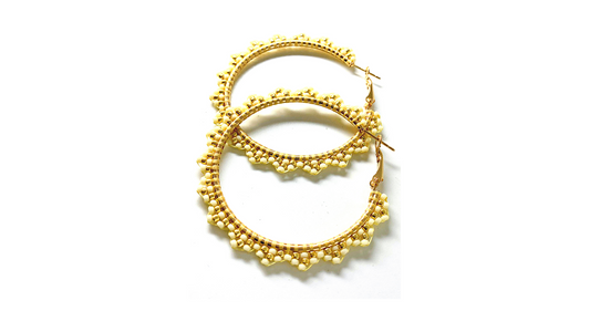 Gold and White Beaded hoop Earrings